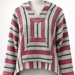 Baja Joe Mexican Hoodie Drug Rug Pink Gray Stripe Pullover Hooded Sweatshirt